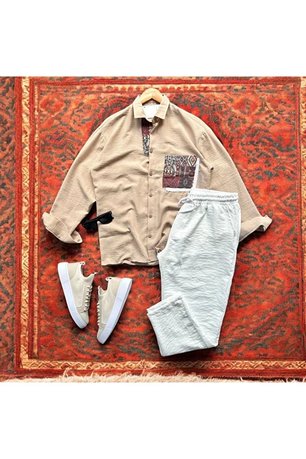 Oversize Cebi Nakışlı Keten Gömlek ve Pantolon Takım Oversize Cebi Nakışlı Keten Gömlek ve Pantolon Takım